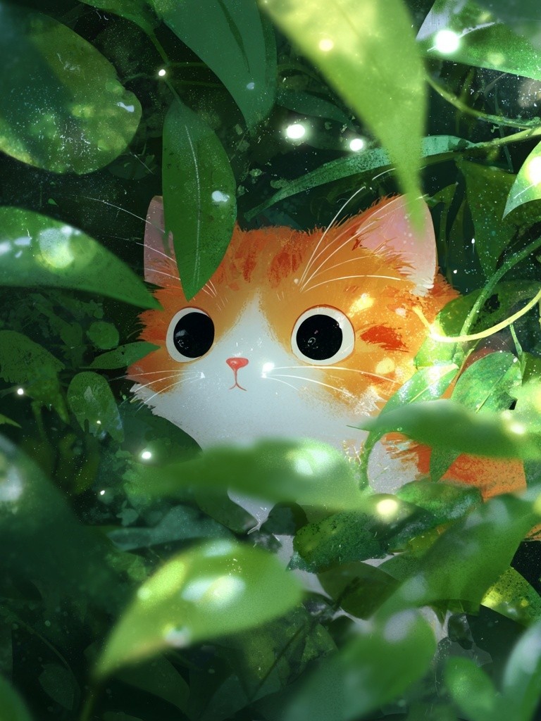 Curious Cat in Greenery — Illustration Print. poster — illustration art