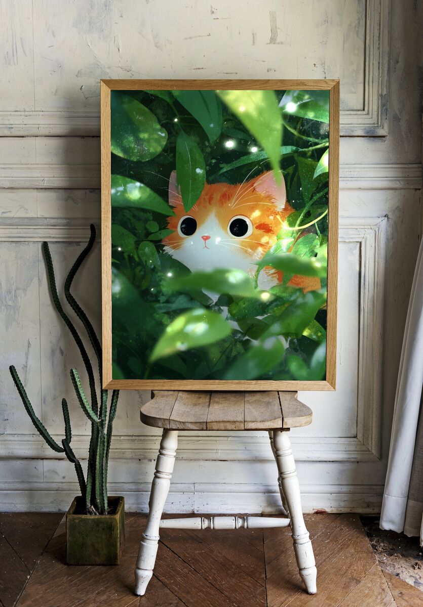 Curious Cat in Greenery — Illustration Print room preview