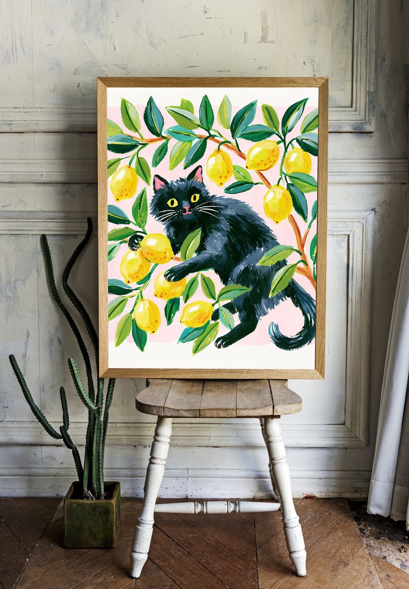 Black Cat in Lemon Tree Illustration Poster. — room view 1