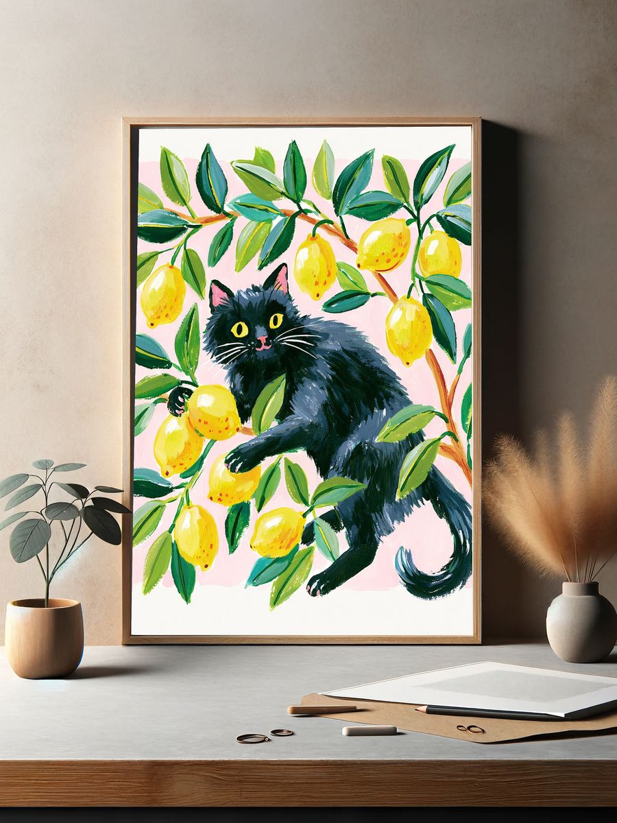 Black Cat in Lemon Tree Illustration Poster. — room view 2