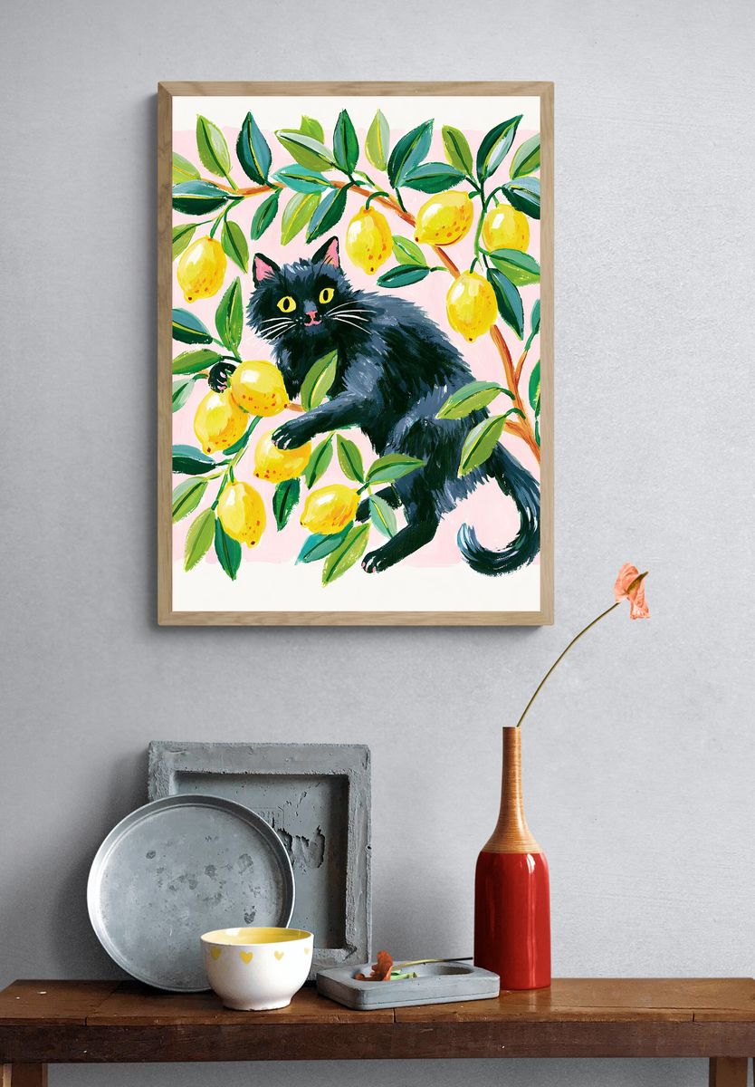 Black Cat in Lemon Tree Illustration Poster. — room view 3