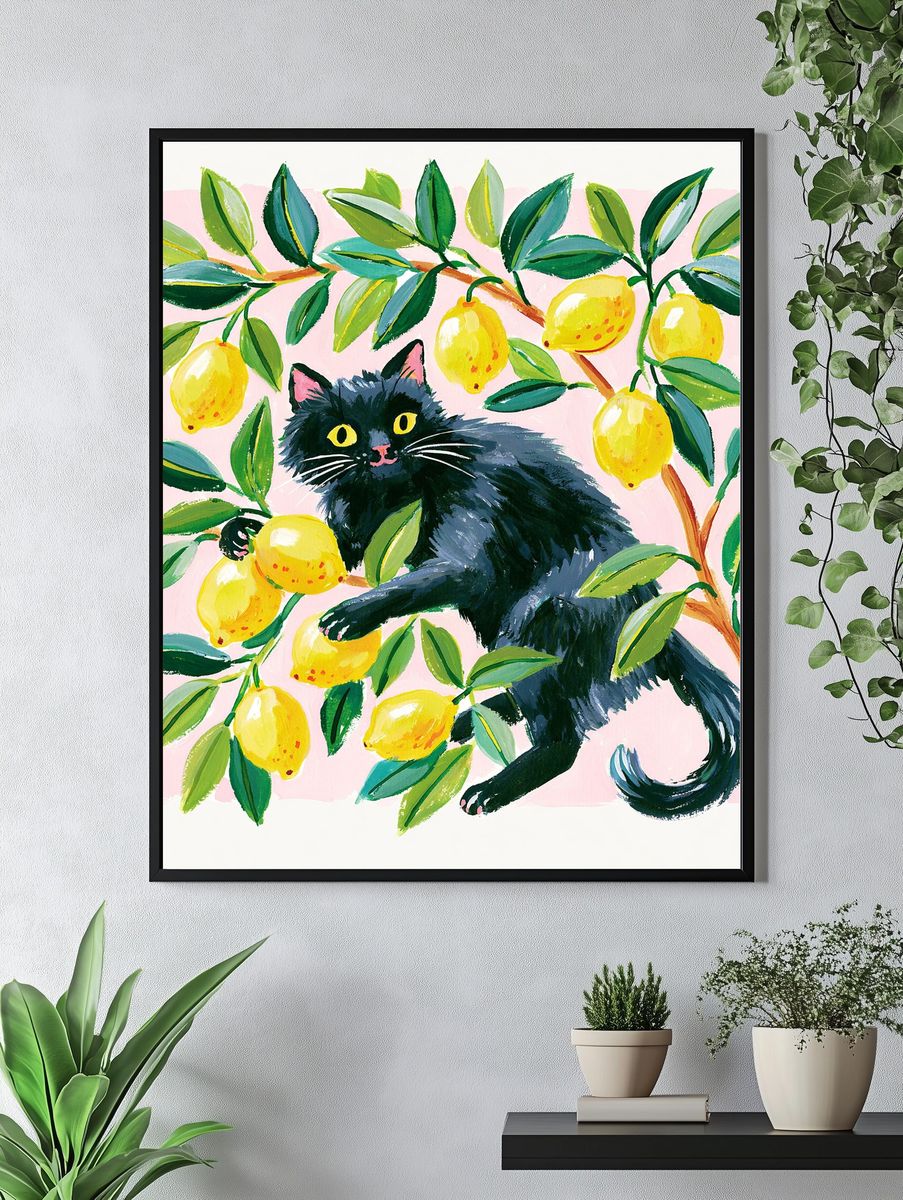 Black Cat in Lemon Tree Illustration Poster. — room view 4