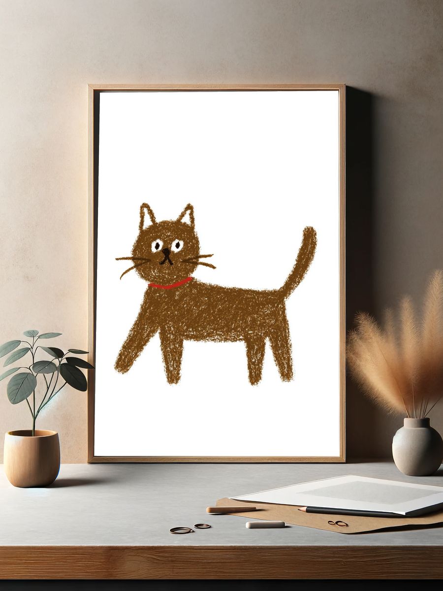 Playful Brown Cat Illustration Poster. — room view 2