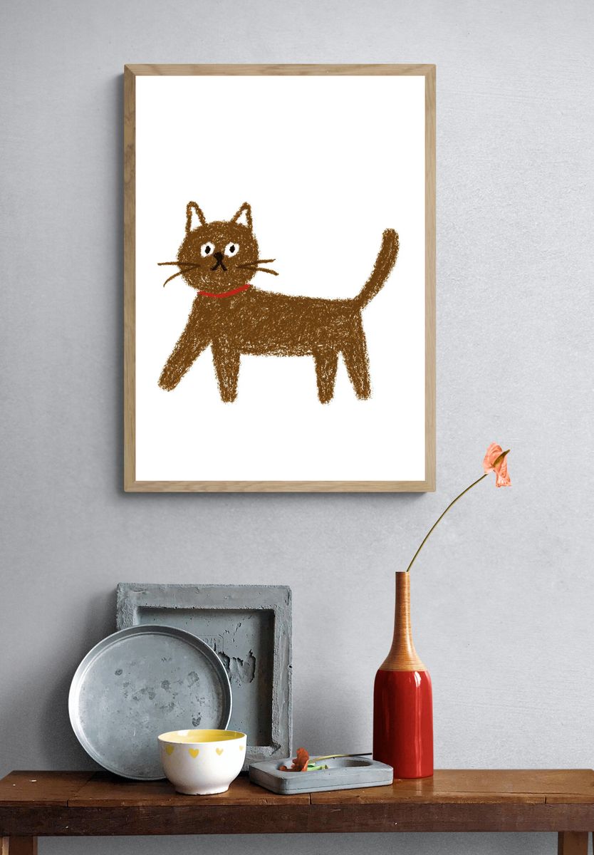Playful Brown Cat Illustration Poster. — room view 3