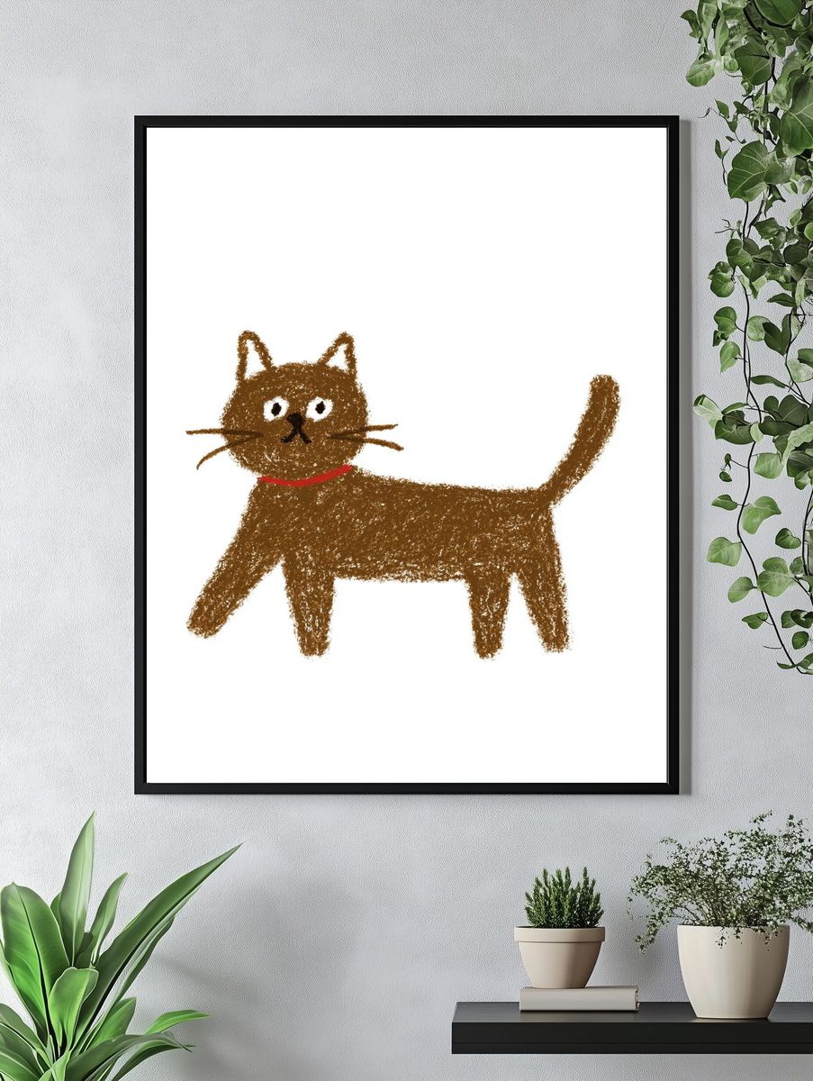 Playful Brown Cat Illustration Poster. — room view 4