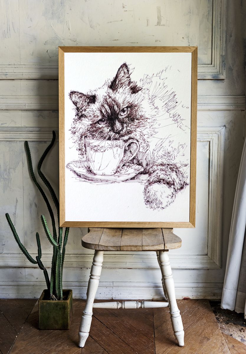 Fluffy Cat with Teacup — Illustration Print room preview