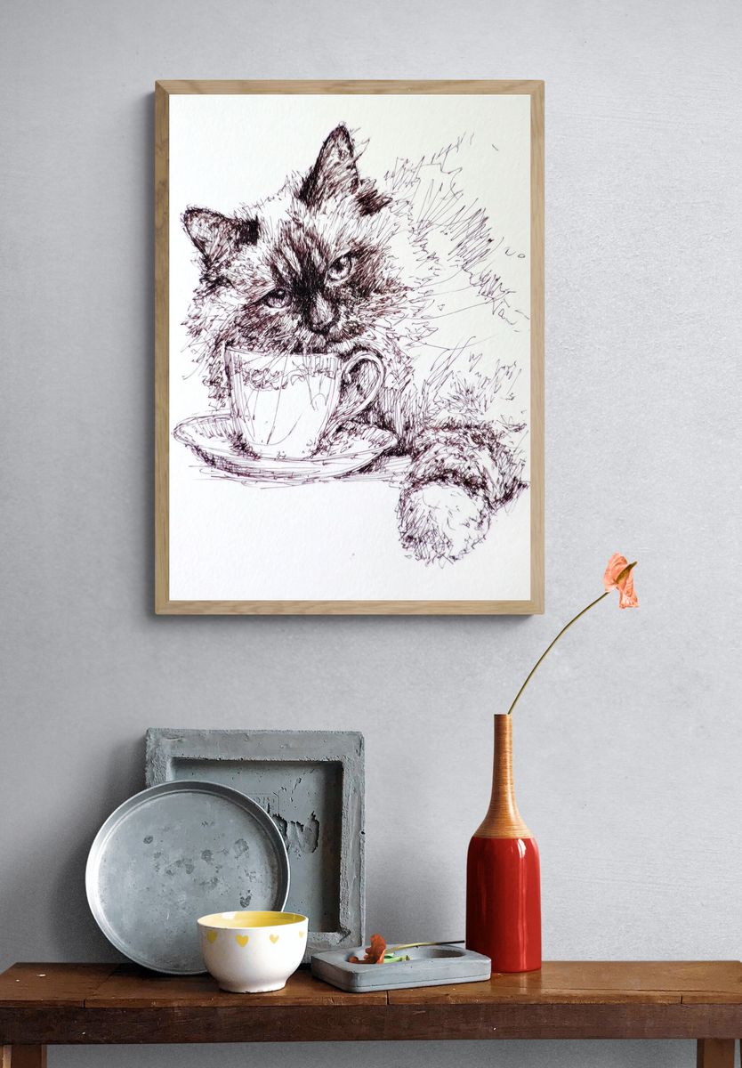 Fluffy Cat with Teacup — Illustration Print. — room view 3