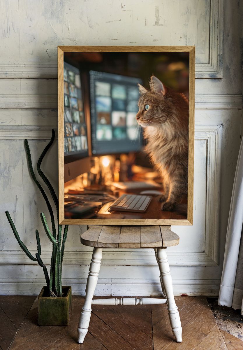 Curious Cat at Computer — Animal Photography Print room preview