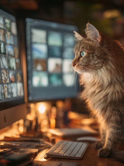 Curious Cat at Computer — Animal Photography Print. poster