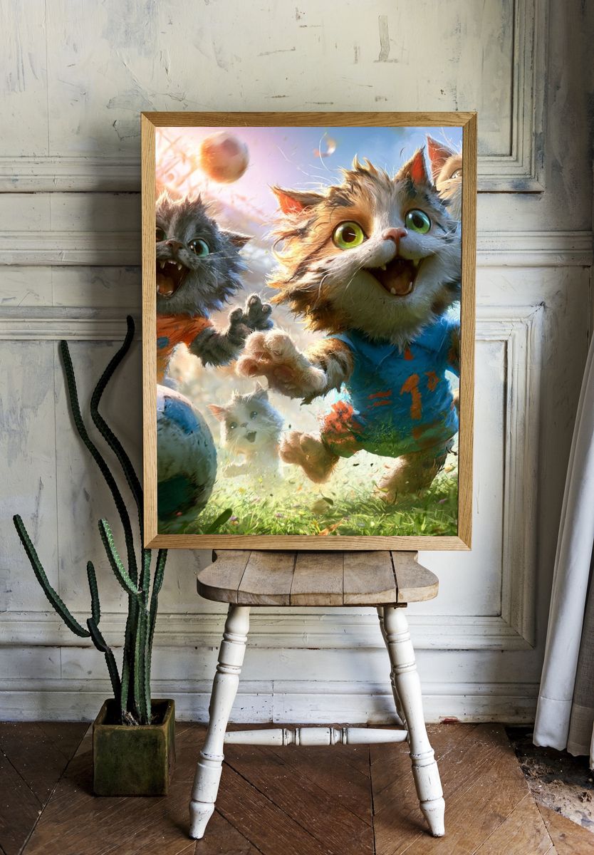 Playful Soccer Cats Illustration Poster. — room view 1