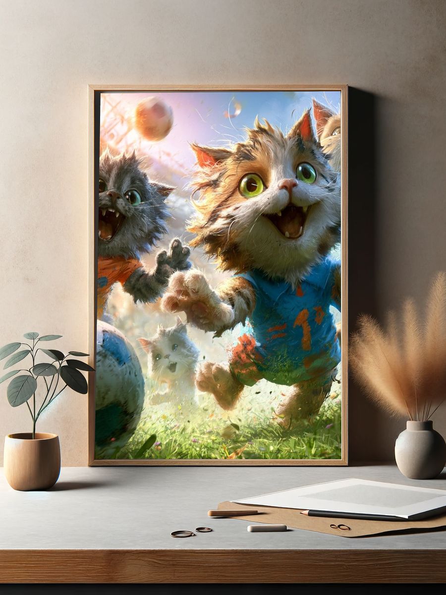 Playful Soccer Cats Illustration Poster. — room view 2