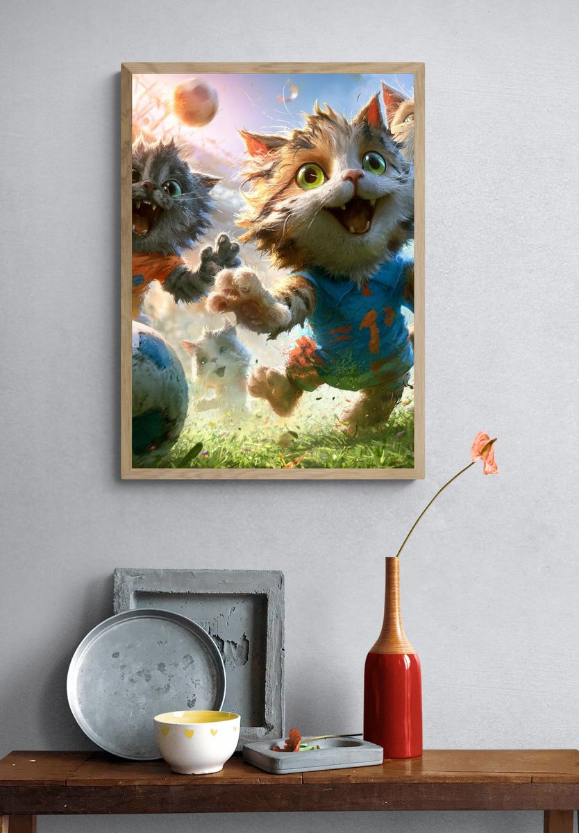 Playful Soccer Cats Illustration Poster. — room view 3
