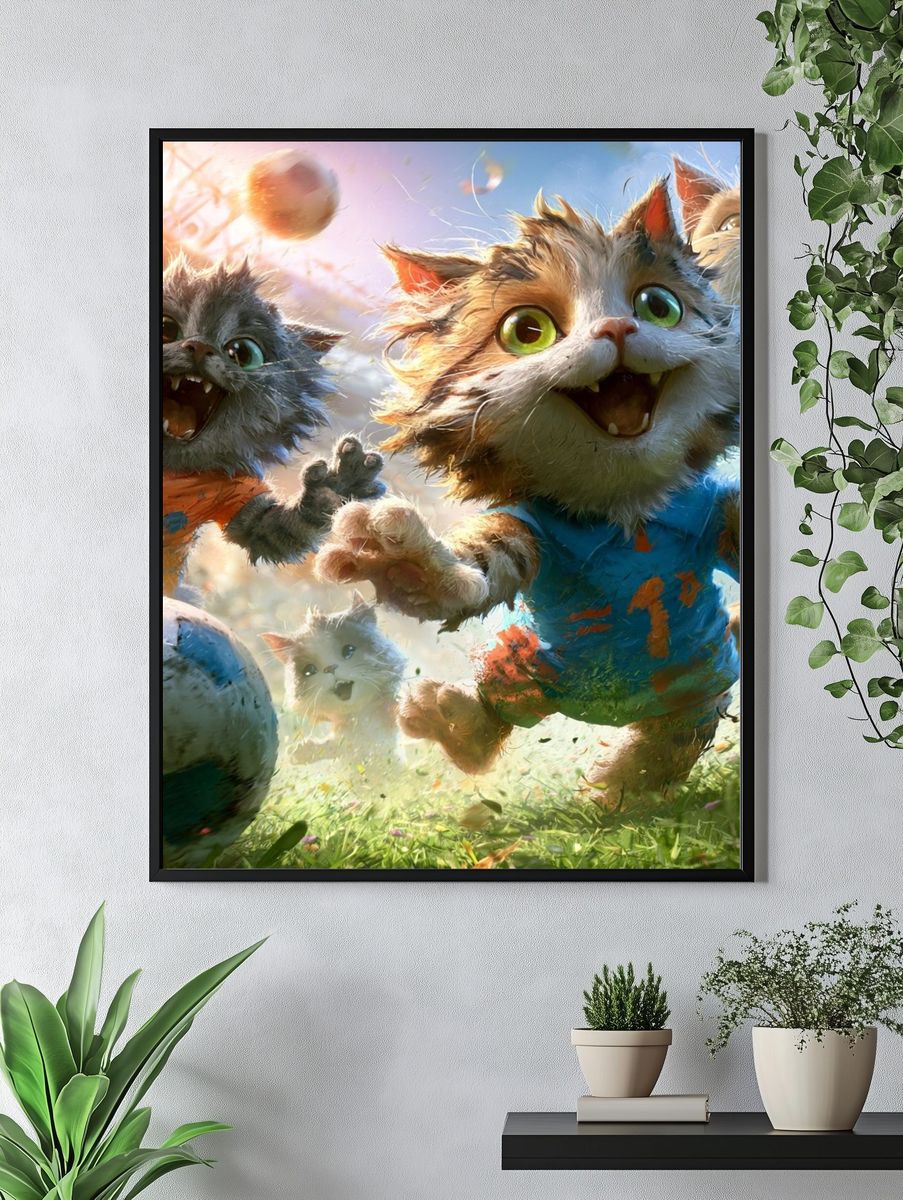 Playful Soccer Cats Illustration Poster. — room view 4