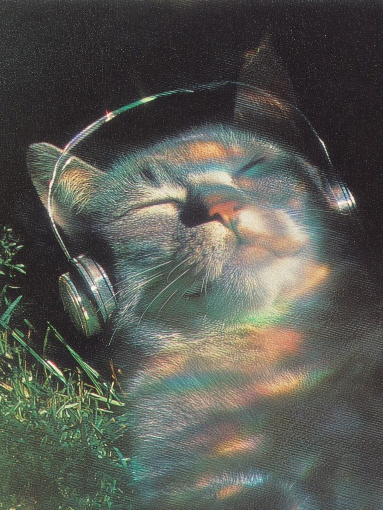 Relaxed Cat with Headphones — Vintage Print. poster — animals art