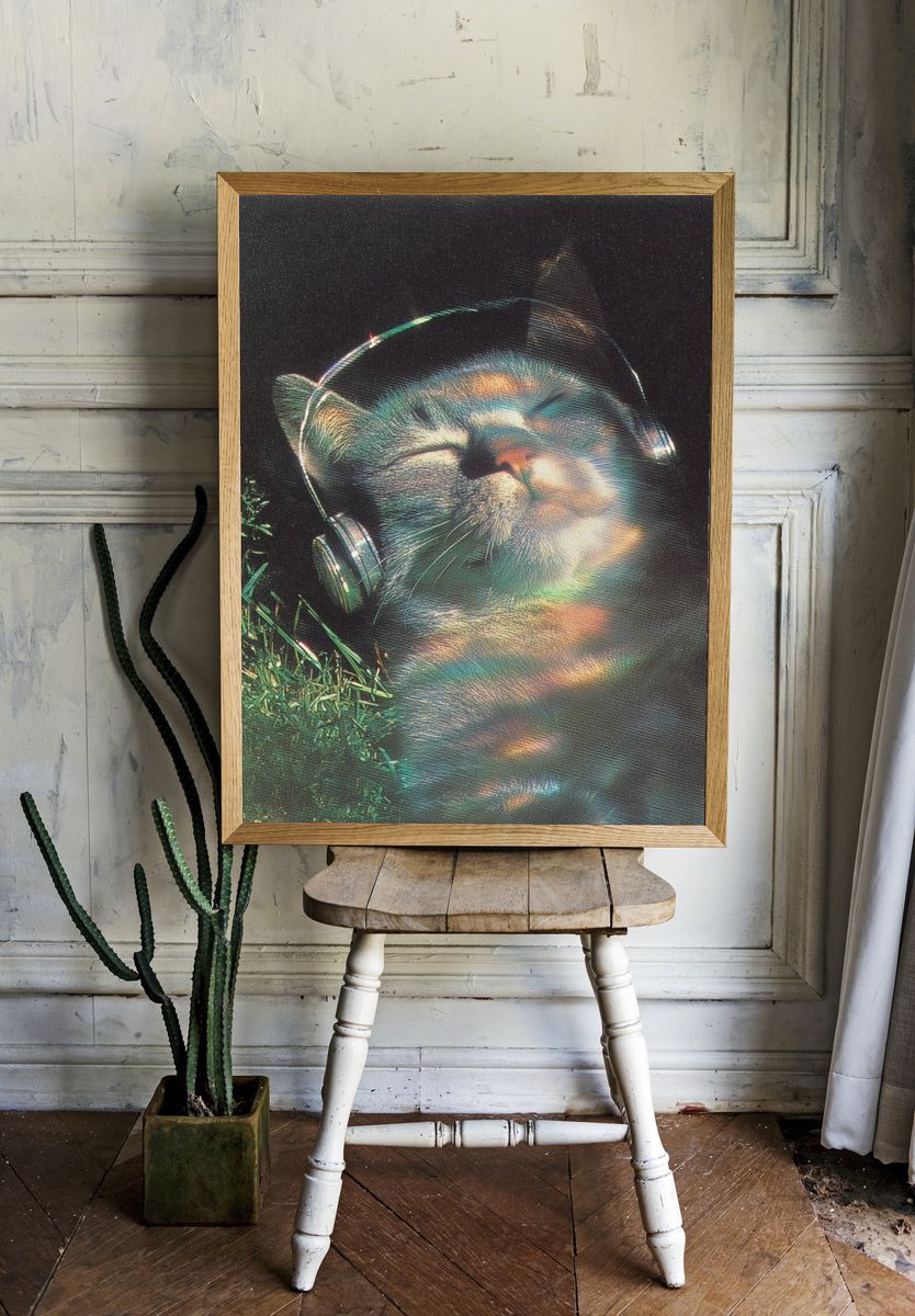 Relaxed Cat with Headphones — Vintage Print room preview