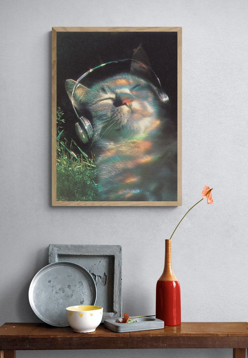 Relaxed Cat with Headphones — Vintage Print. — room view 3