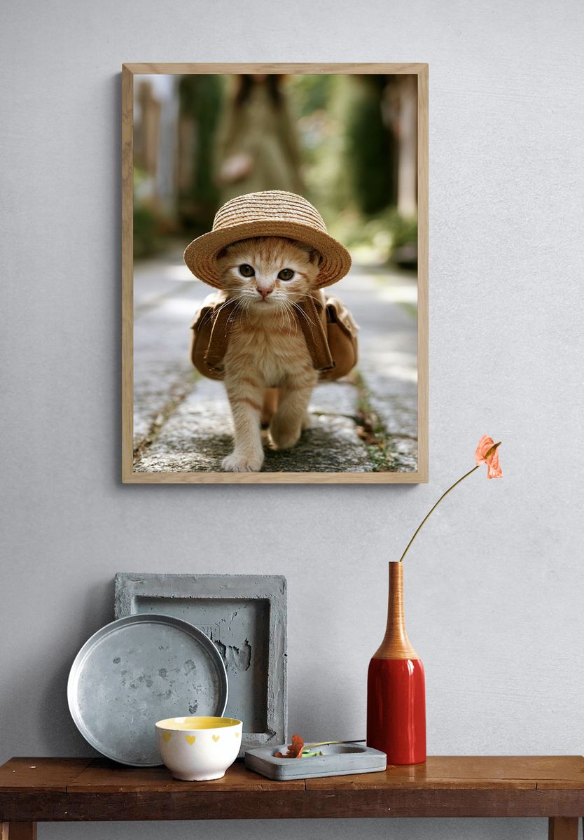 Straw Hat Kitten Photography Poster. — room view 3
