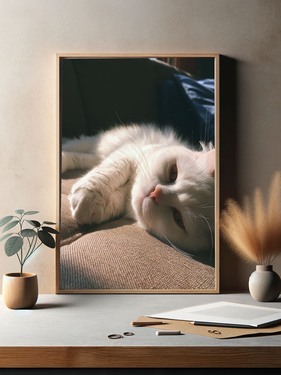 White Cat Sunlit Sofa Poster. — room view 2