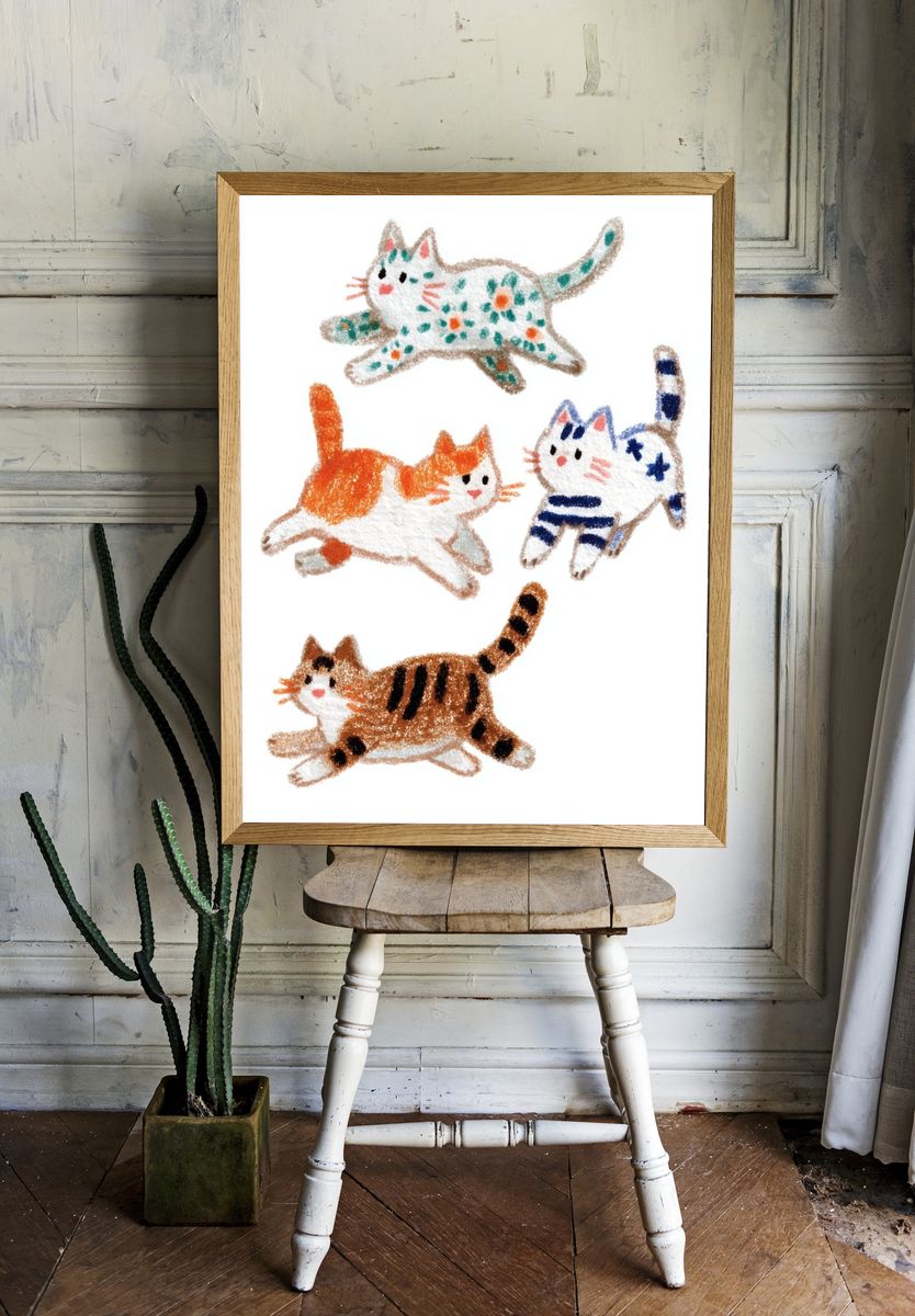 Playful Cats Illustration Poster. — room view 1