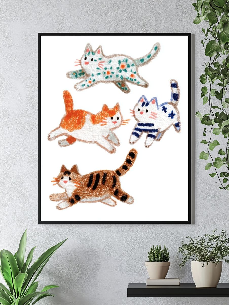 Playful Cats Illustration Poster. — room view 4