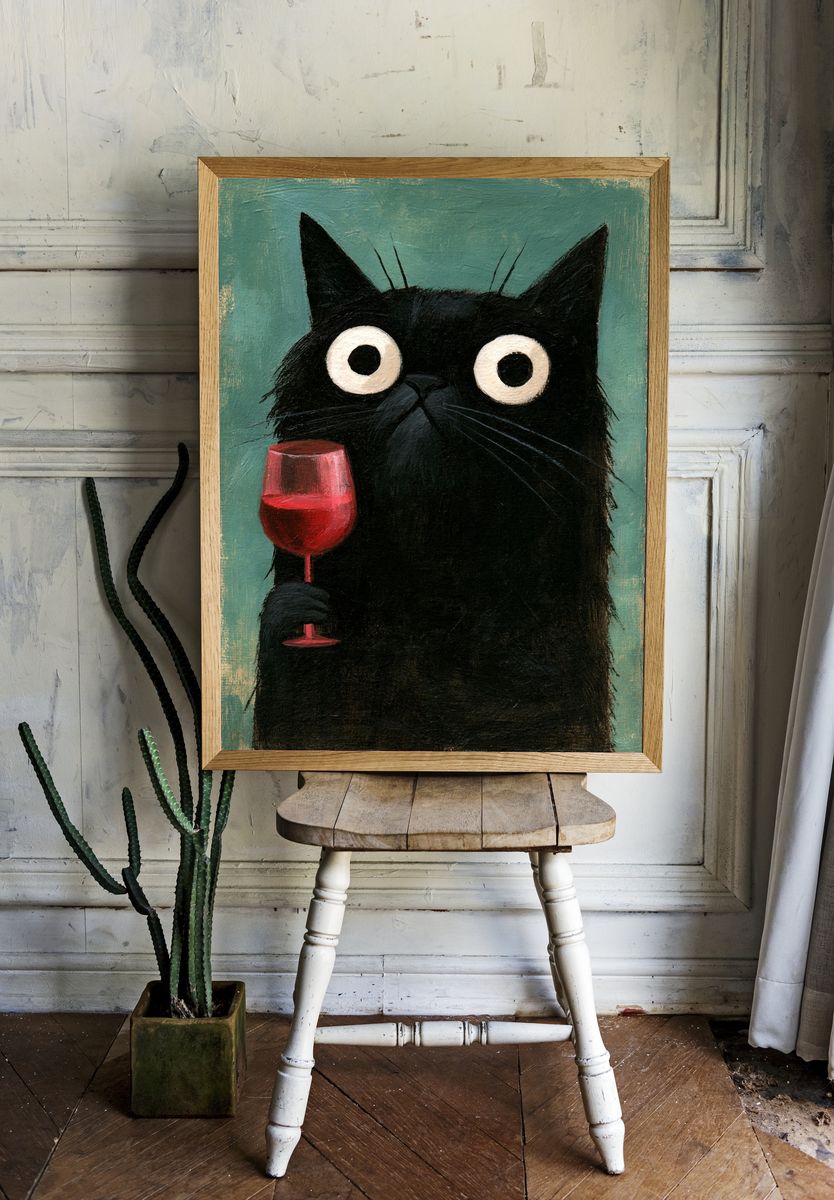 Black Cat with Wine Illustration Poster. — room view 1