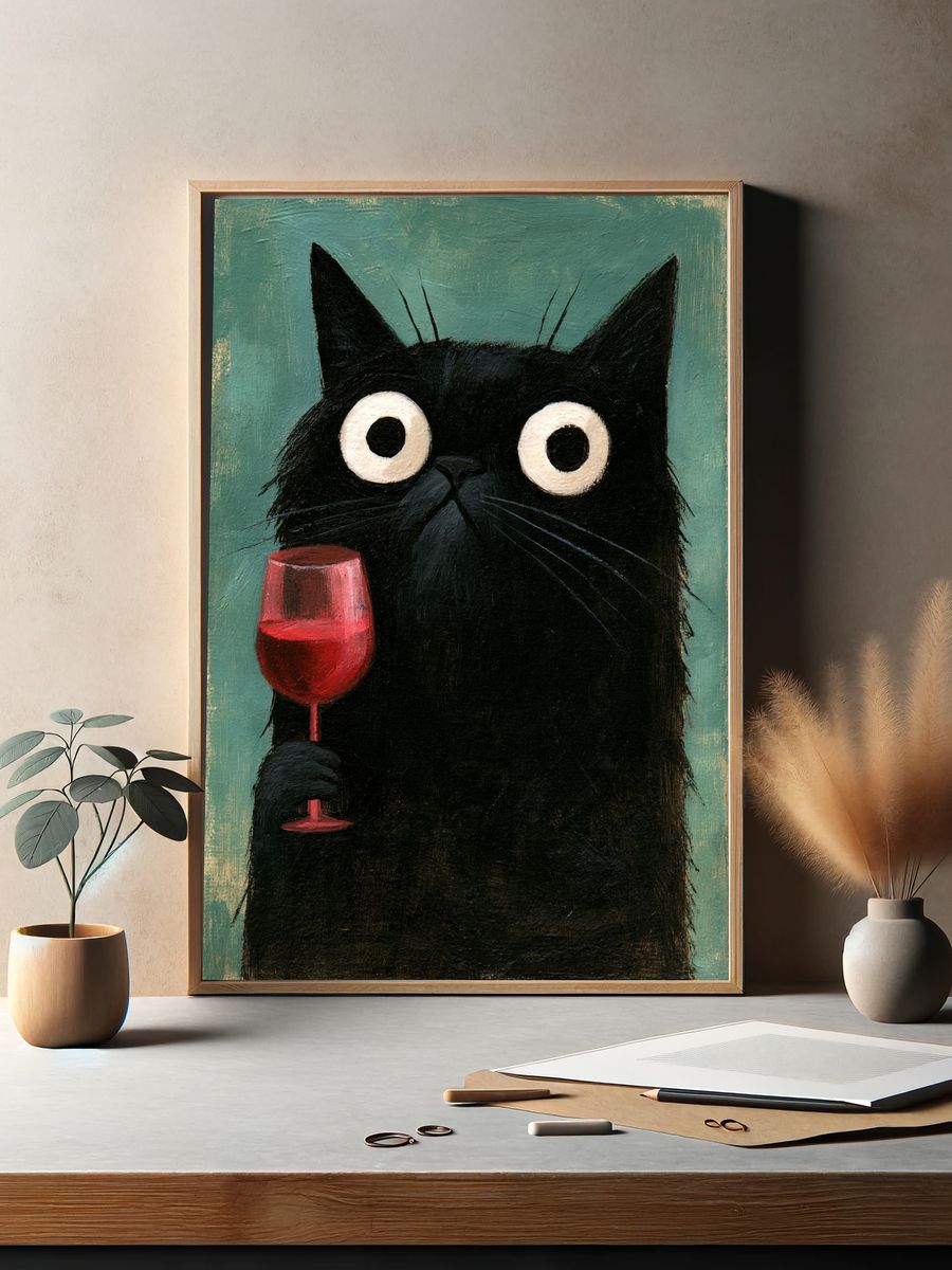 Black Cat with Wine Illustration Poster. — room view 2