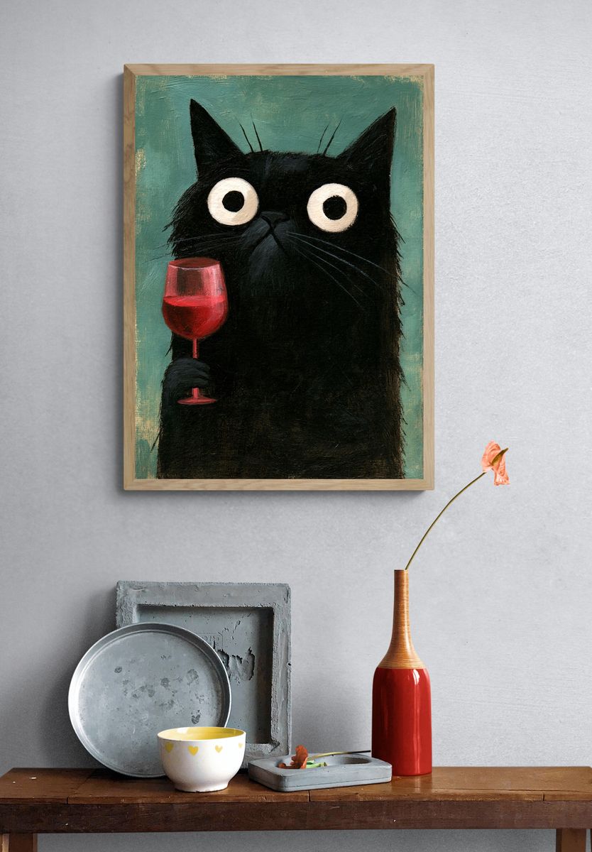 Black Cat with Wine Illustration Poster. — room view 3