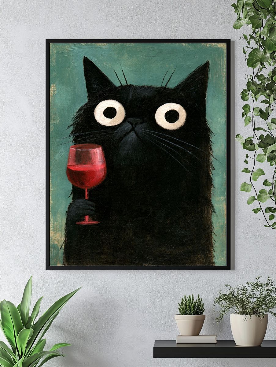 Black Cat with Wine Illustration Poster. — room view 4