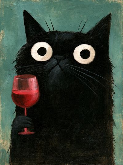 Black Cat with Wine Illustration Poster.