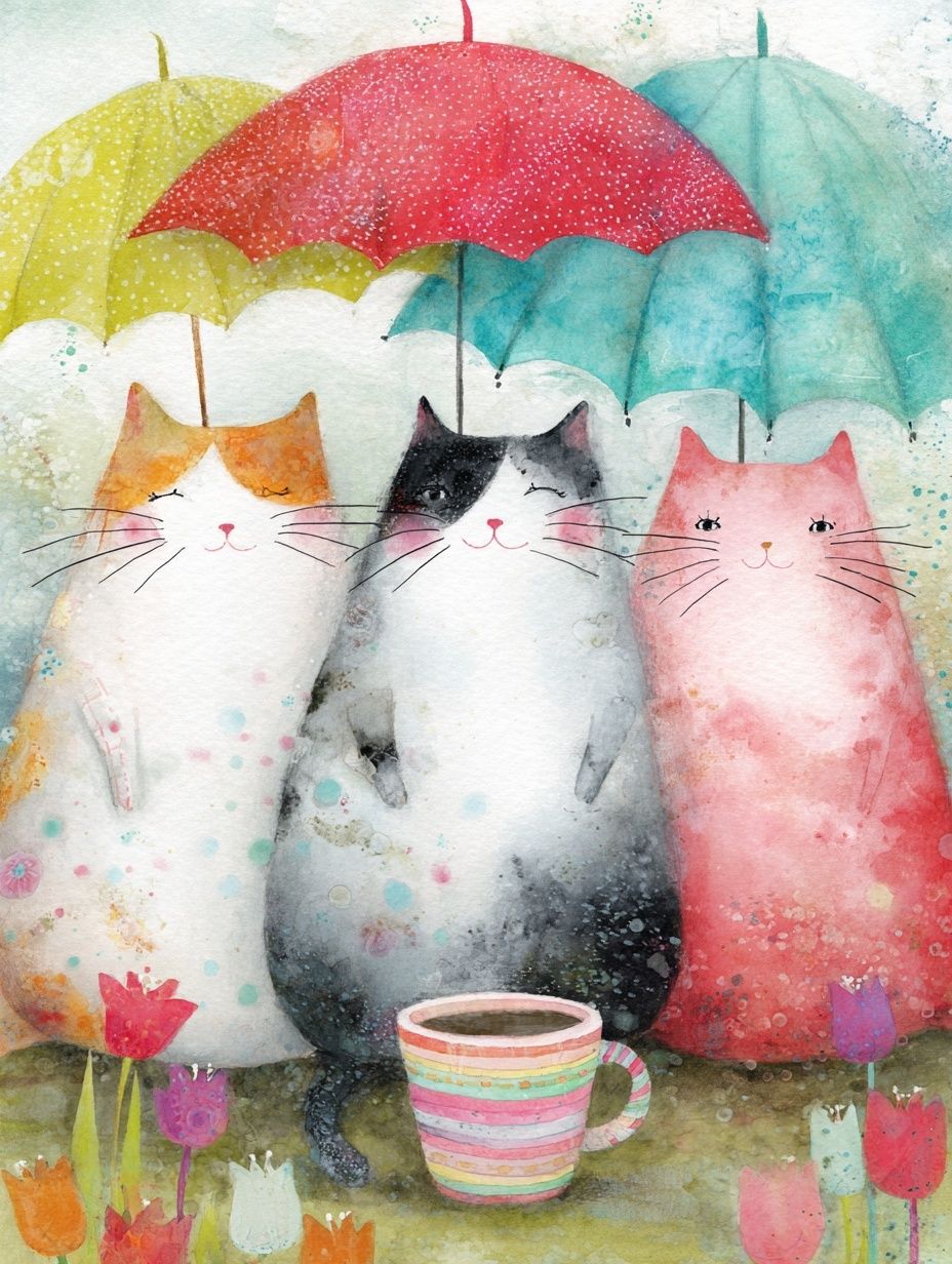 Cute Cats with Umbrellas — Watercolor Print. poster detail