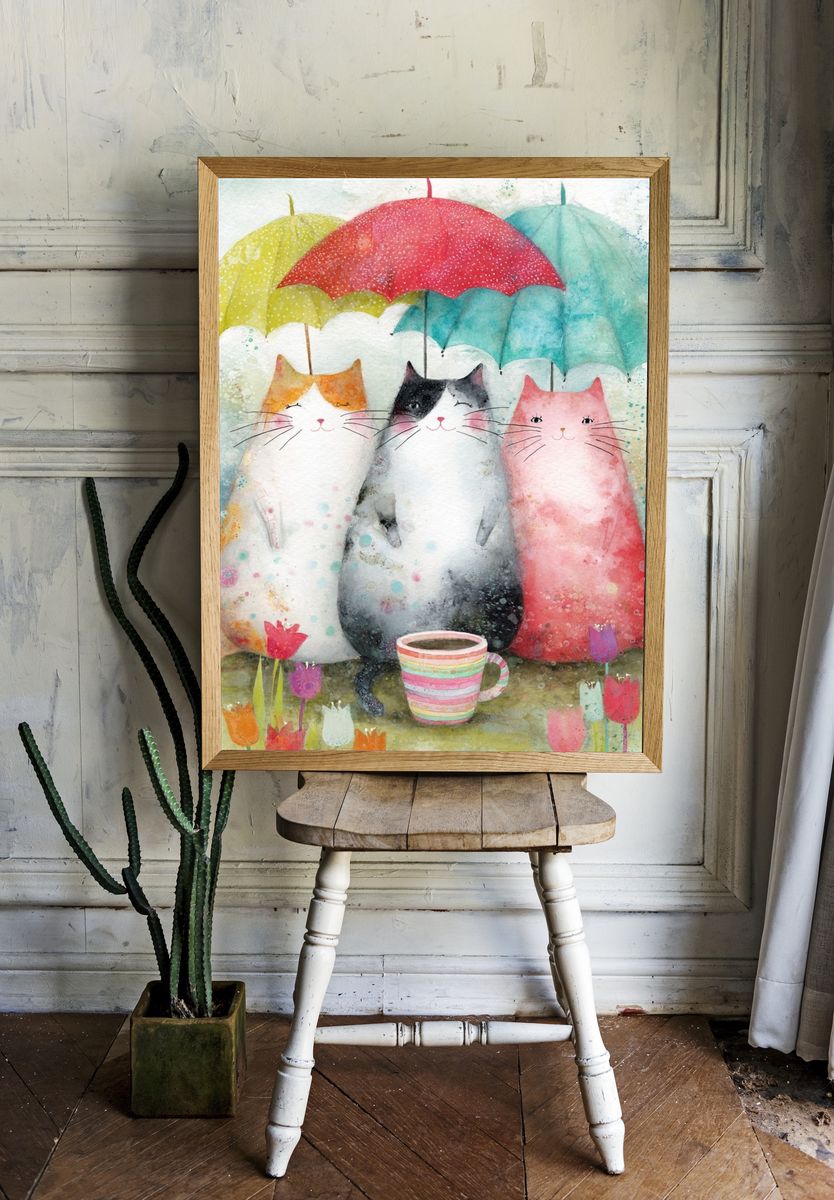 Cute Cats with Umbrellas — Watercolor Print. — room view 1