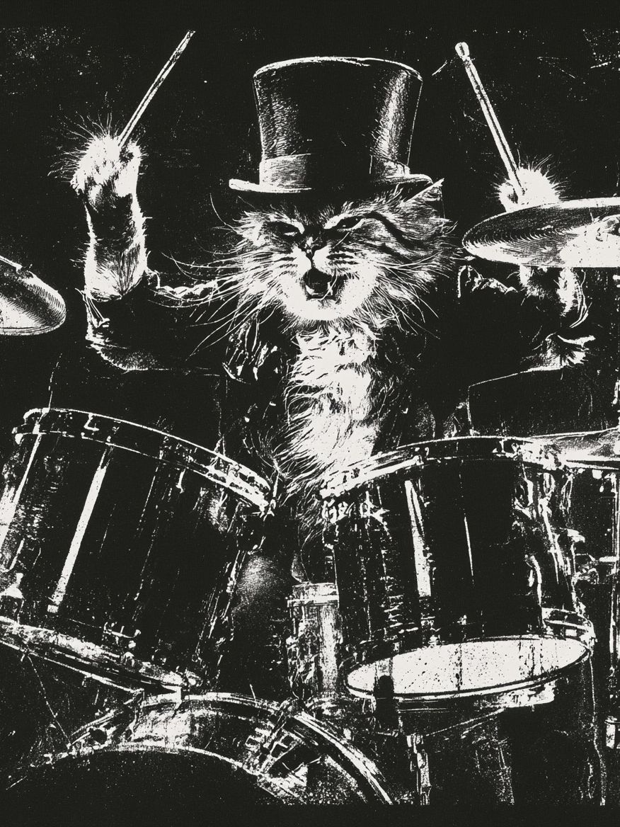 Drumming Cat Black-White Poster. poster — animals art