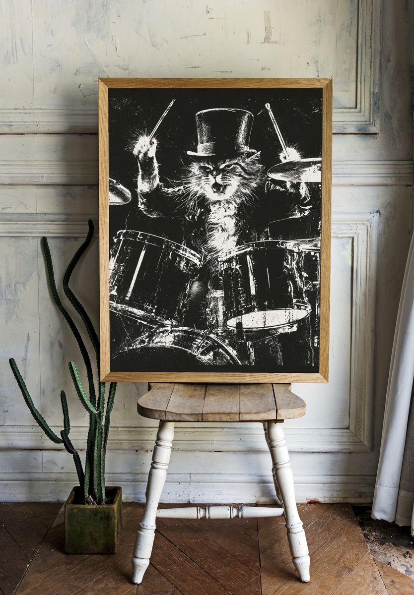 Drumming Cat Black-White Poster. — room view 1