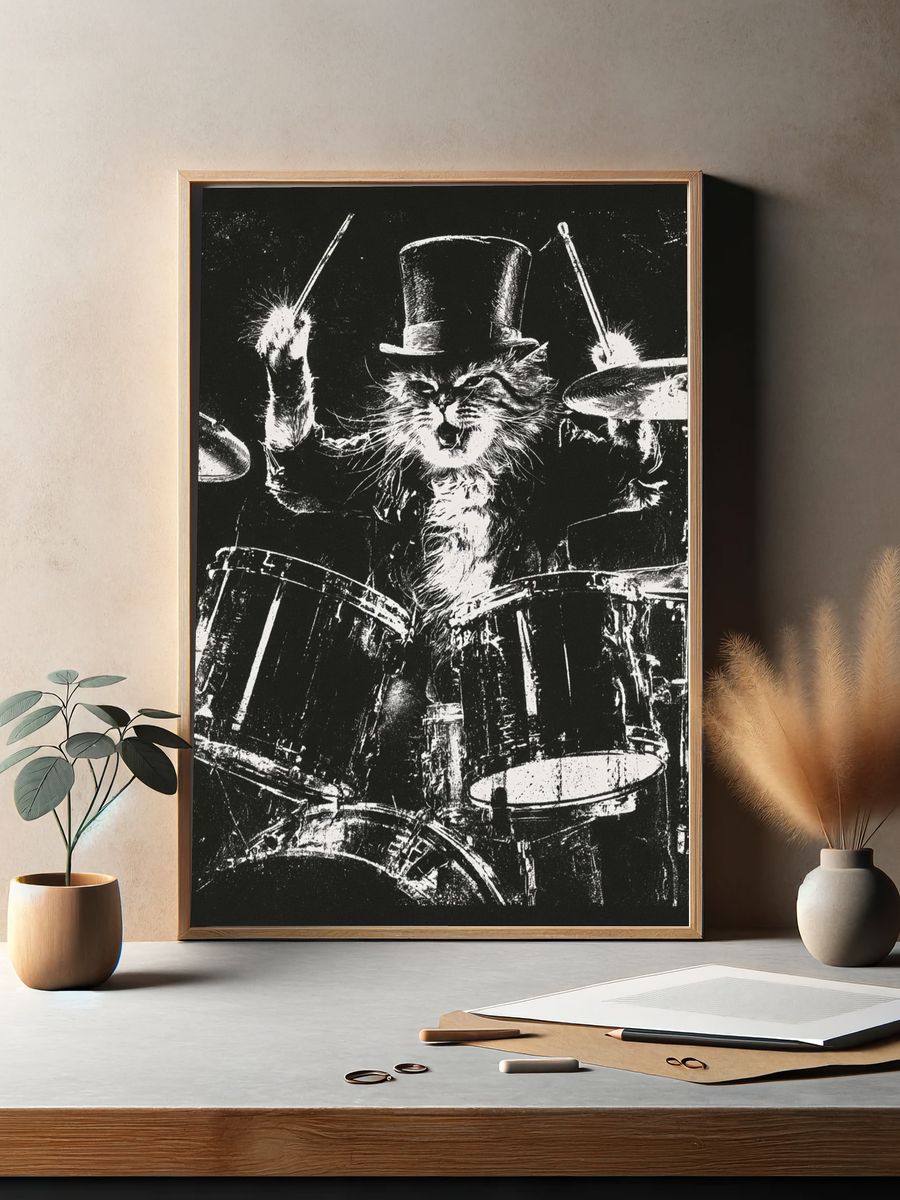Drumming Cat Black-White Poster. — room view 2