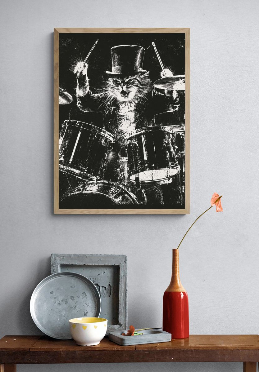 Drumming Cat Black-White Poster. — room view 3