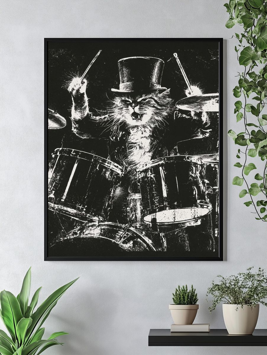 Drumming Cat Black-White Poster. — room view 4