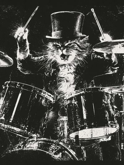 Drumming Cat Black-White Poster. poster