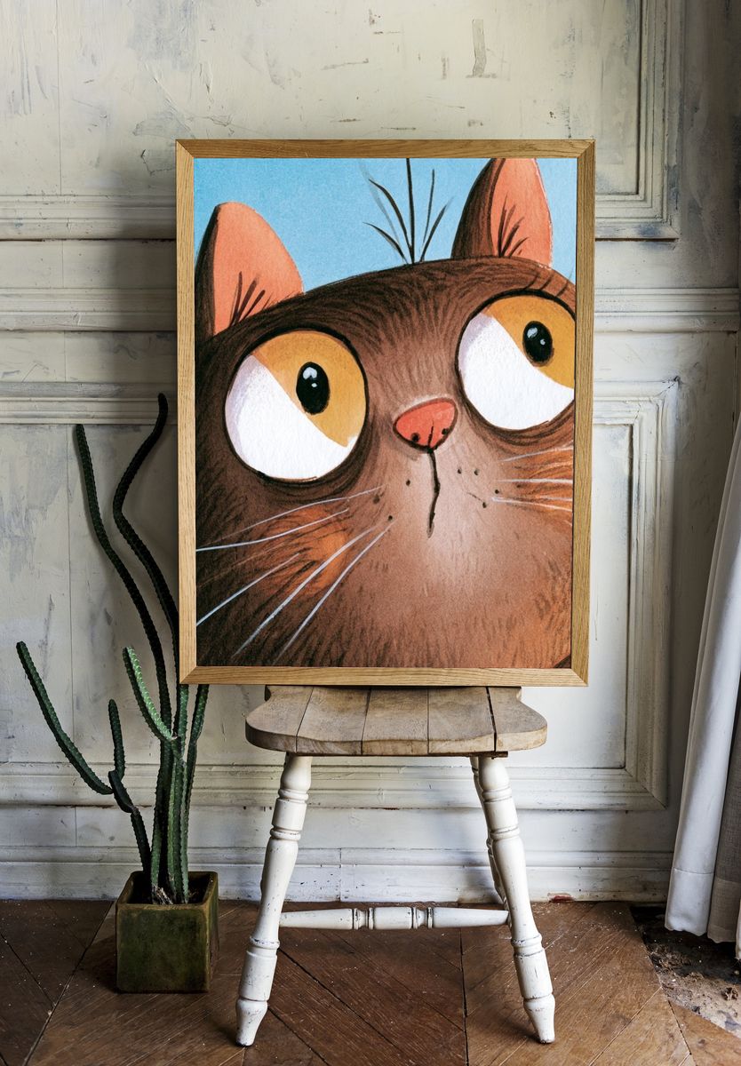 Curious Cat Watercolor Poster. room preview