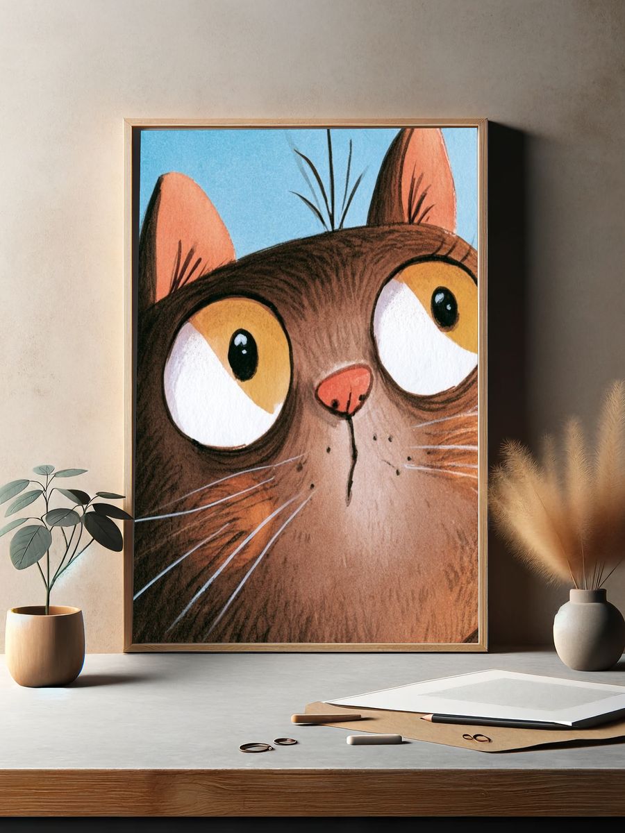 Curious Cat Watercolor Poster. — room view 2