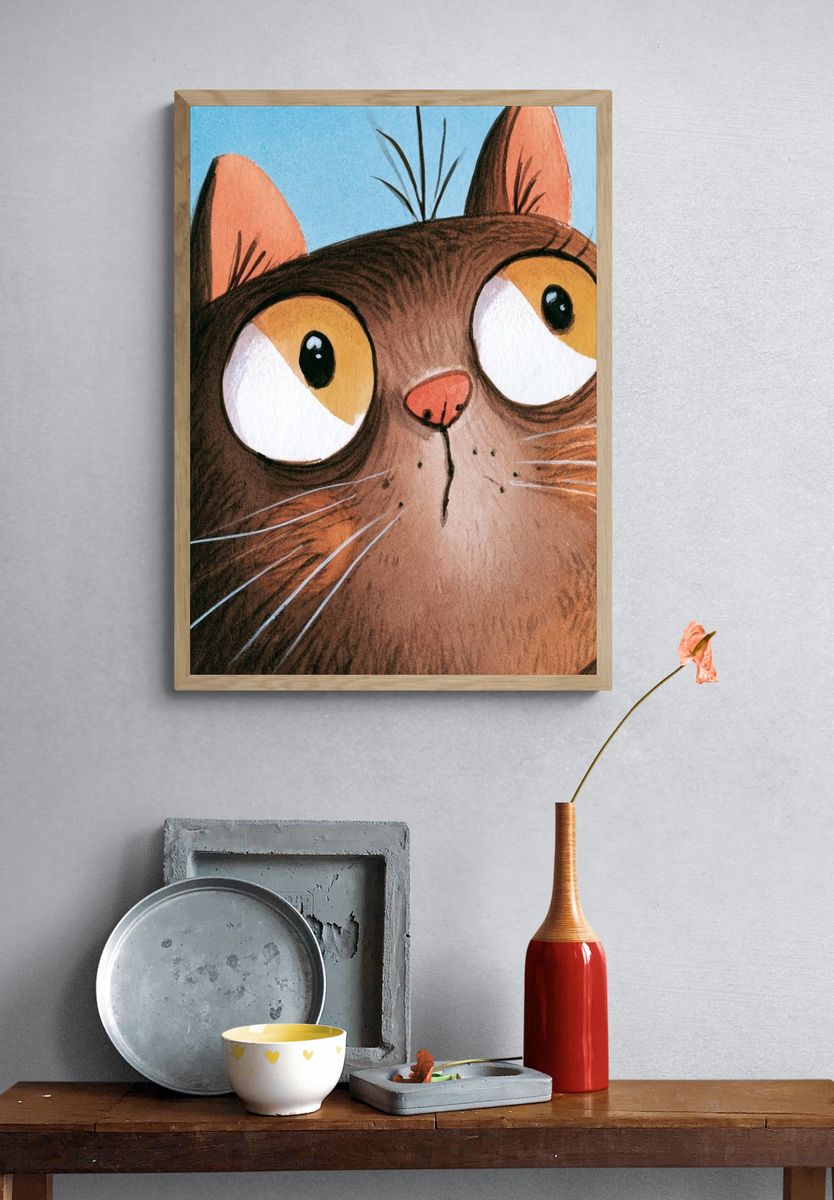 Curious Cat Watercolor Poster. — room view 3