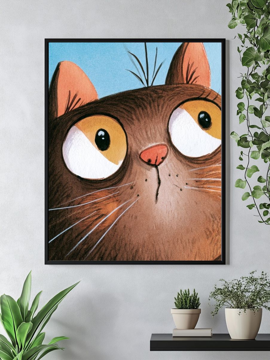 Curious Cat Watercolor Poster. — room view 4