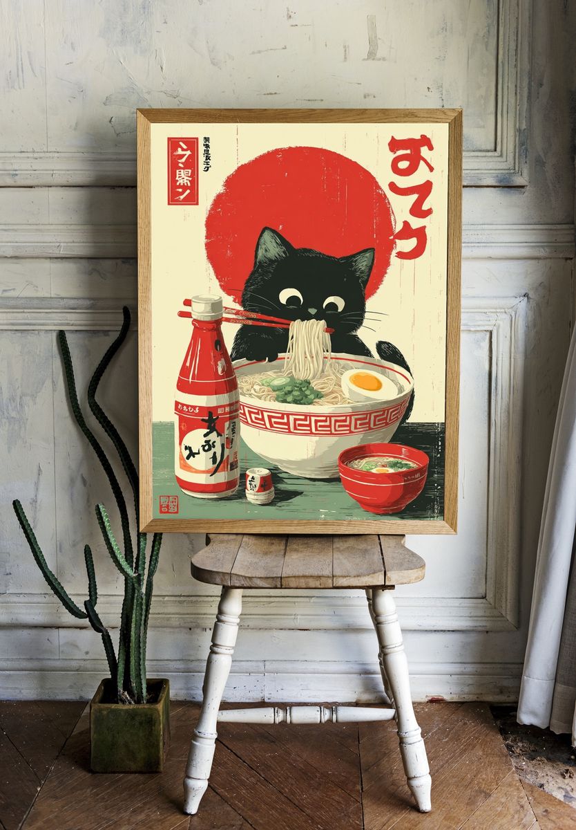 Japanese Cat Ramen Vintage Print. — room view 1