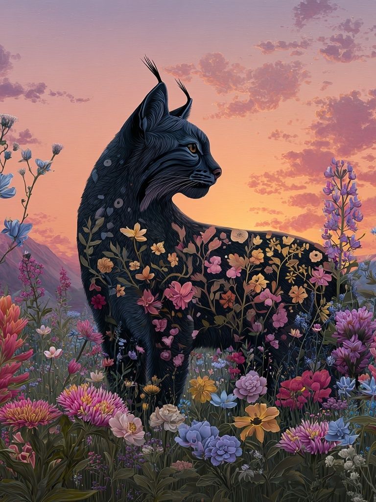 Floral Black Cat Sunset Poster. poster detail