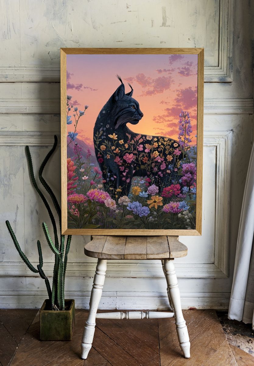 Floral Black Cat Sunset Poster. — room view 1