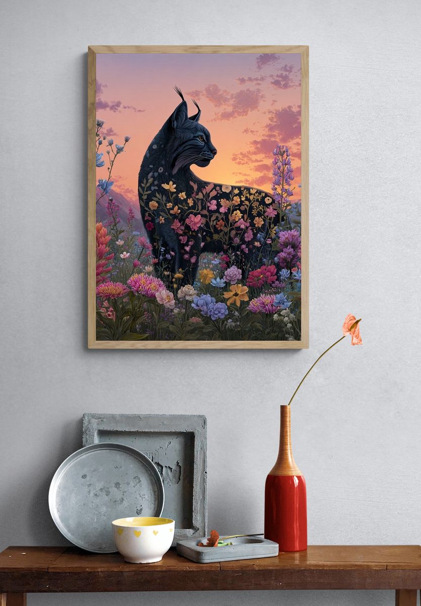 Floral Black Cat Sunset Poster. — room view 3