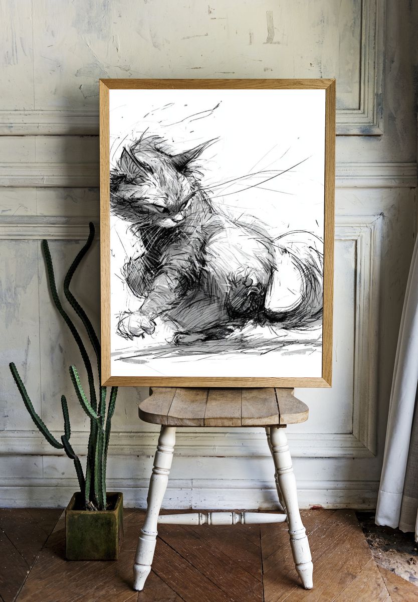 Playful Cat Sketch Poster. — room view 1