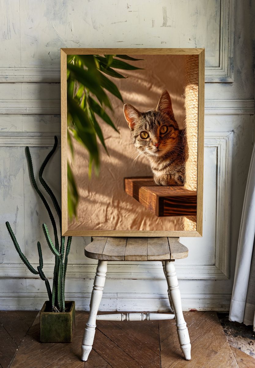 Sunlit Tabby Cat Photography Poster. room preview