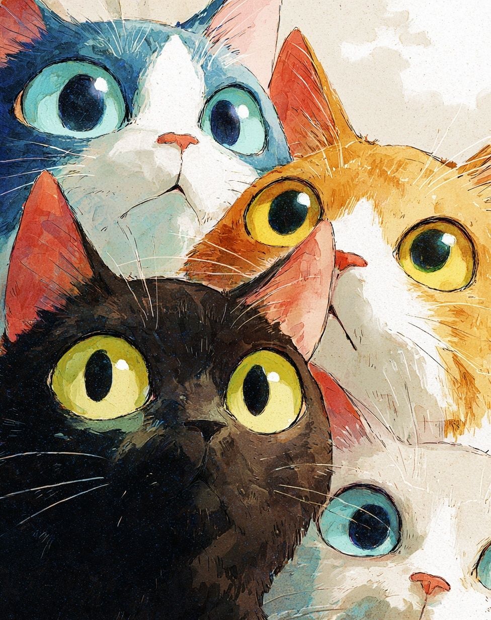 Curious Cats Watercolor Poster. poster detail