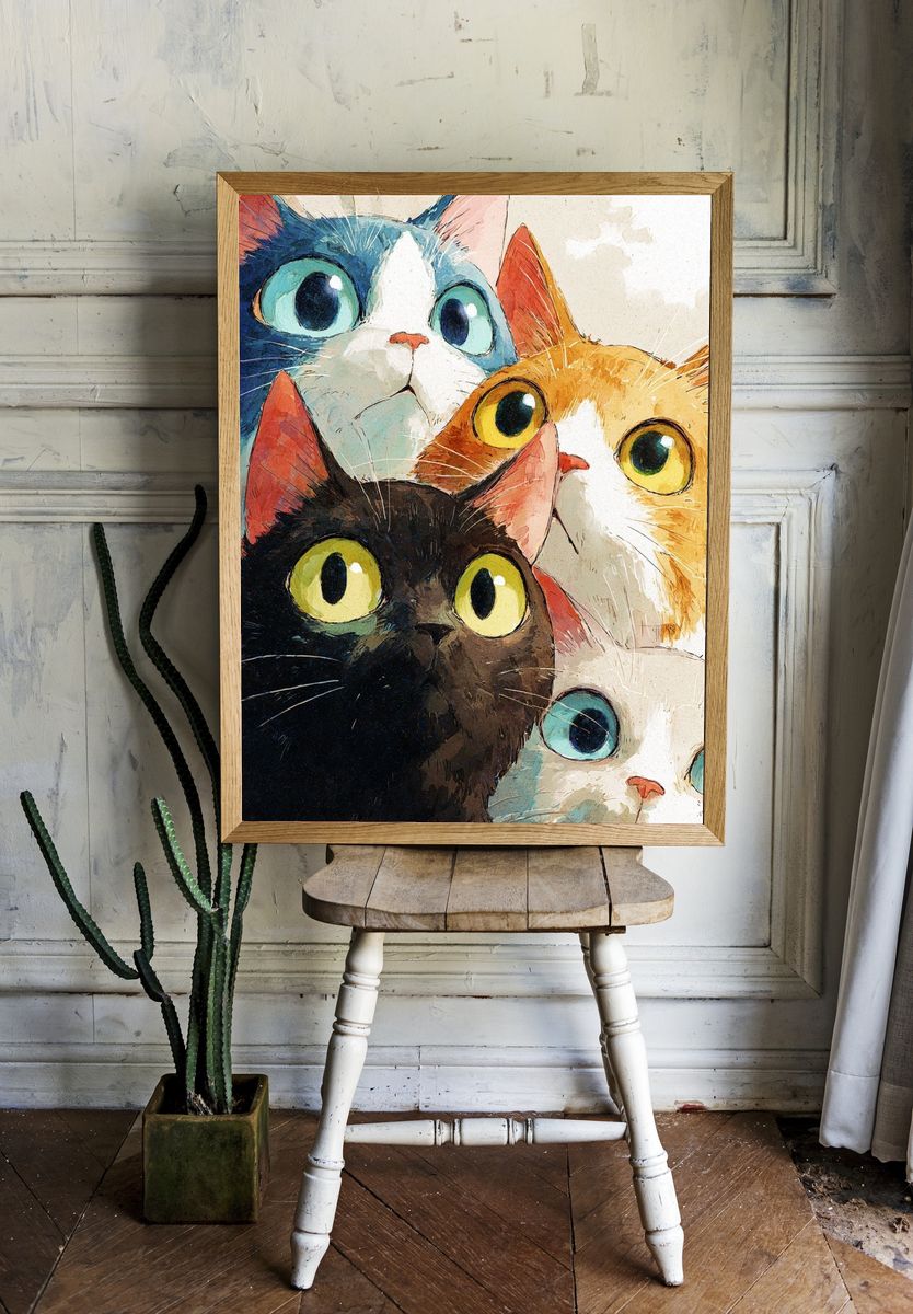 Curious Cats Watercolor Poster. room preview