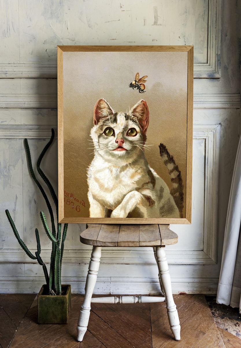 Curious Cat and Bee — Vintage Print room preview